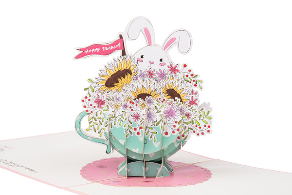 Rabbit in Cup of Flowers Pop Up Birthday Card